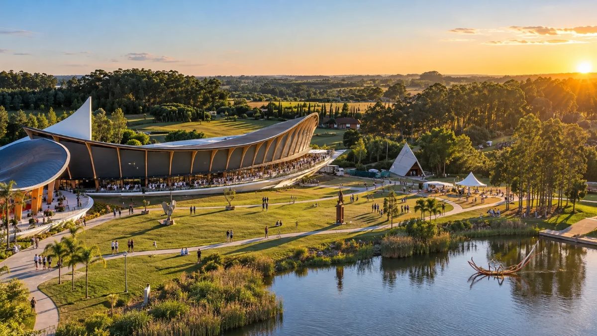 Museo de arte contemporáneo y parque de esculturas junto a un lago, rodeados de bosque, al atardecer