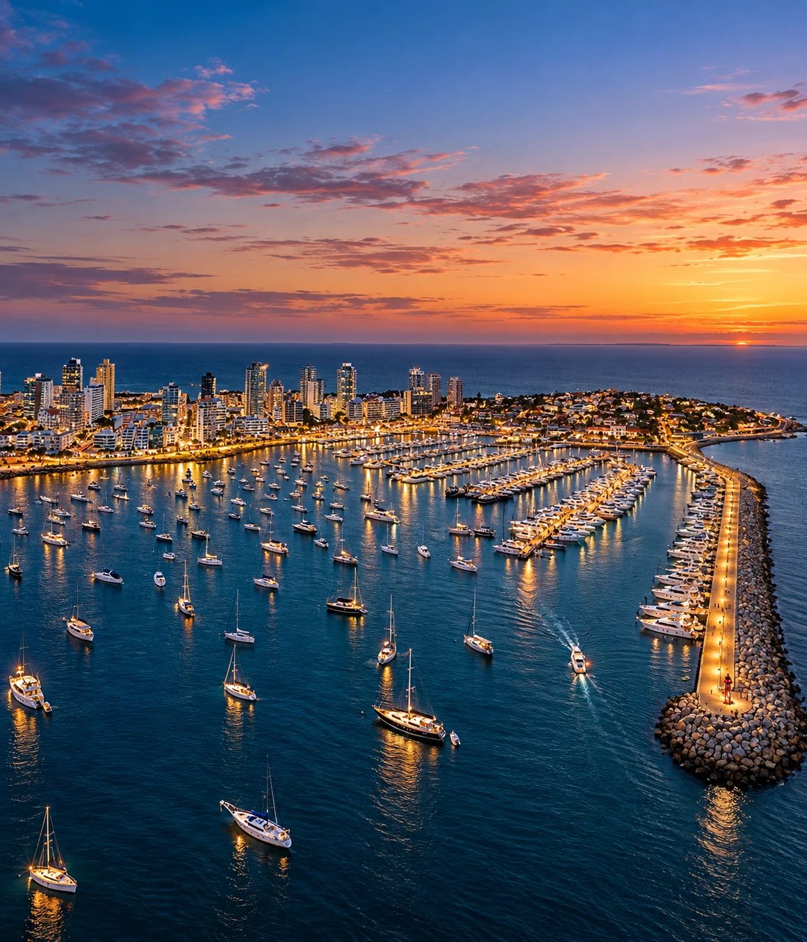 Puerto de Punta del Este al atardecer, con los veleros y los edificios de la Península